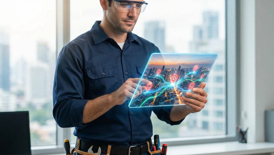 Un plombier utilise une tablette holographique affichant une carte de ville interactive pour optimiser ses interventions.