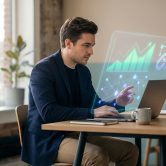 Un homme d'affaires utilise un ordinateur portable avec une interface numérique holographique affichant des données.