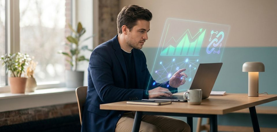 Un homme d'affaires utilise un ordinateur portable avec une interface numérique holographique affichant des données.