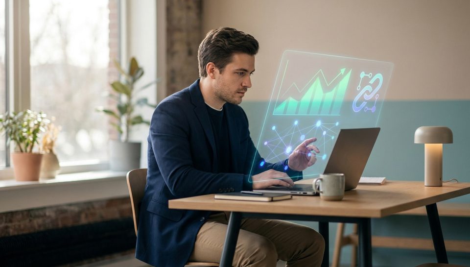 Un homme d'affaires utilise un ordinateur portable avec une interface numérique holographique affichant des données.