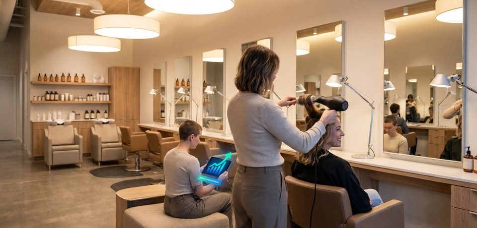 Optimisez la gestion de votre salon de coiffure Une coiffeuse travaillant dans un salon moderne avec une collègue consultant des graphiques de croissance sur une tablette.