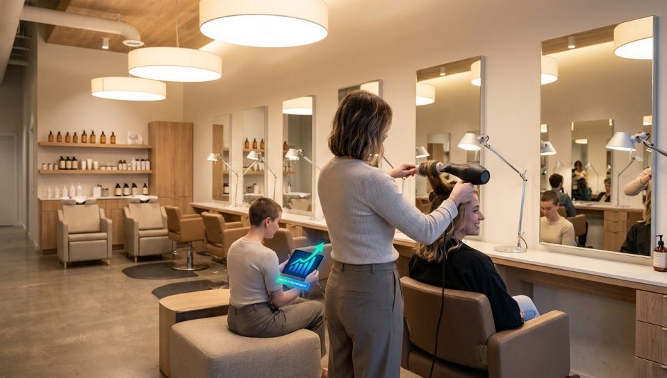 Une coiffeuse travaillant dans un salon moderne avec une collègue consultant des graphiques de croissance sur une tablette.