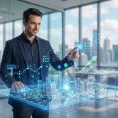Un professionnel de l'immobilier manipule une interface holographique 3D d'une ville avec des données de performance.