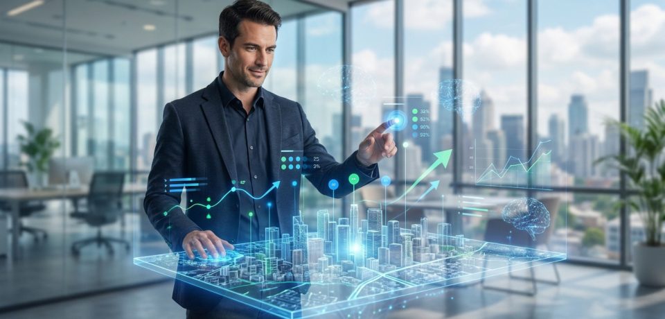 Un professionnel de l'immobilier manipule une interface holographique 3D d'une ville avec des données de performance.