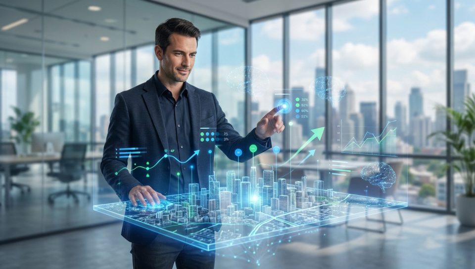 Un professionnel de l'immobilier manipule une interface holographique 3D d'une ville avec des données de performance.