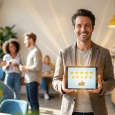 Un entrepreneur souriant présente une tablette affichant cinq étoiles et un pouce levé dans un café dynamique.