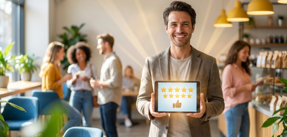 Un entrepreneur souriant présente une tablette affichant cinq étoiles et un pouce levé dans un café dynamique.