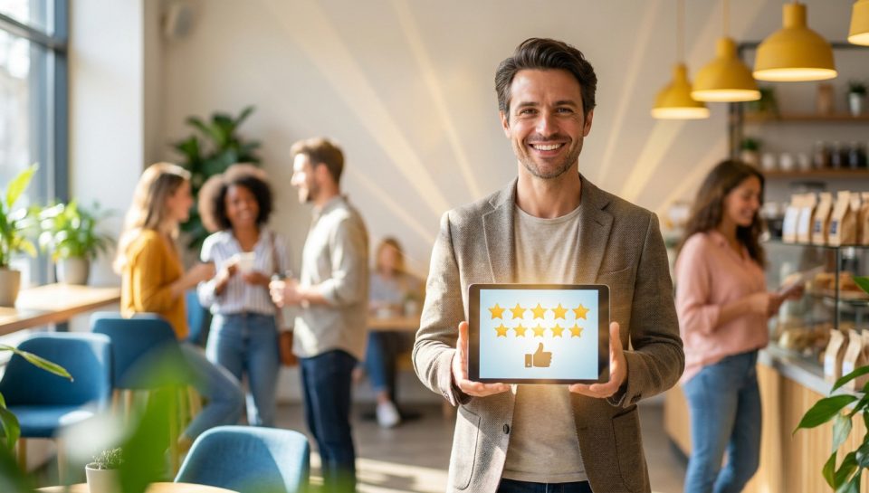 Un entrepreneur souriant présente une tablette affichant cinq étoiles et un pouce levé dans un café dynamique.