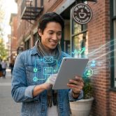 Un homme souriant utilise une tablette devant un café, avec des icônes numériques illustrant l'automatisation d'e-mails.