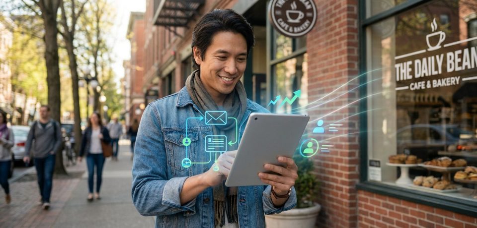 Automatisation marketing pour commerce local Un homme souriant utilise une tablette devant un café, avec des icônes numériques illustrant l'automatisation d'e-mails.