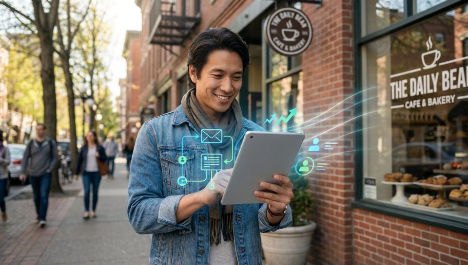 Un homme souriant utilise une tablette devant un café, avec des icônes numériques illustrant l'automatisation d'e-mails.