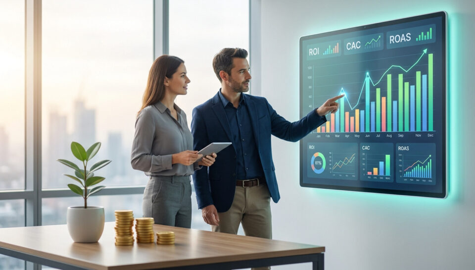 Deux professionnels analysent un tableau de bord numérique affichant des graphiques de ROI, CAC et ROAS dans un bureau.