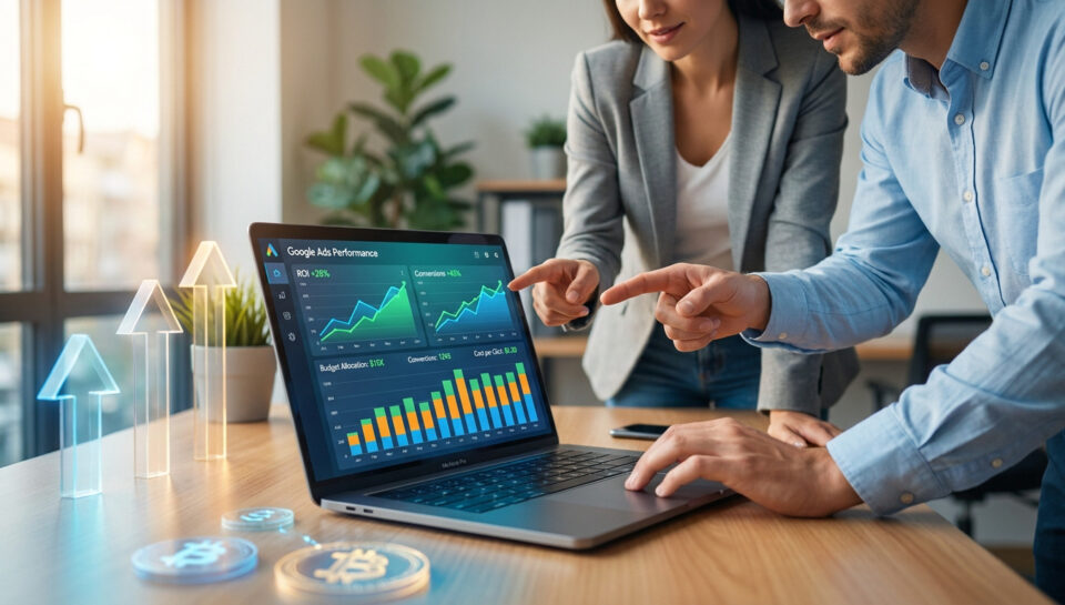 Une équipe analysant les performances et le ROI sur un tableau de bord Google Ads sur ordinateur portable.