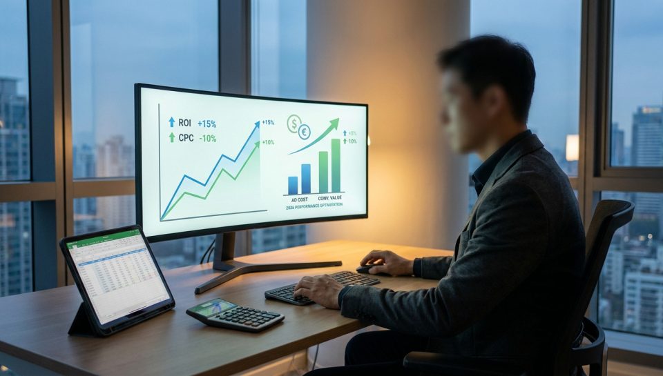 Un professionnel travaillant sur un ordinateur affichant des graphiques de performance publicitaire en 2026.