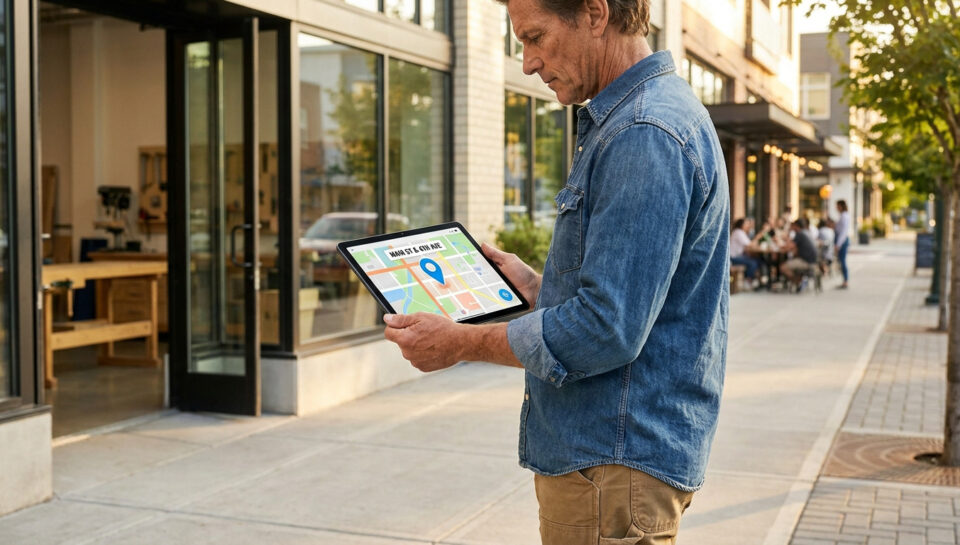 Artisan consultant une carte numérique sur une tablette devant son atelier.