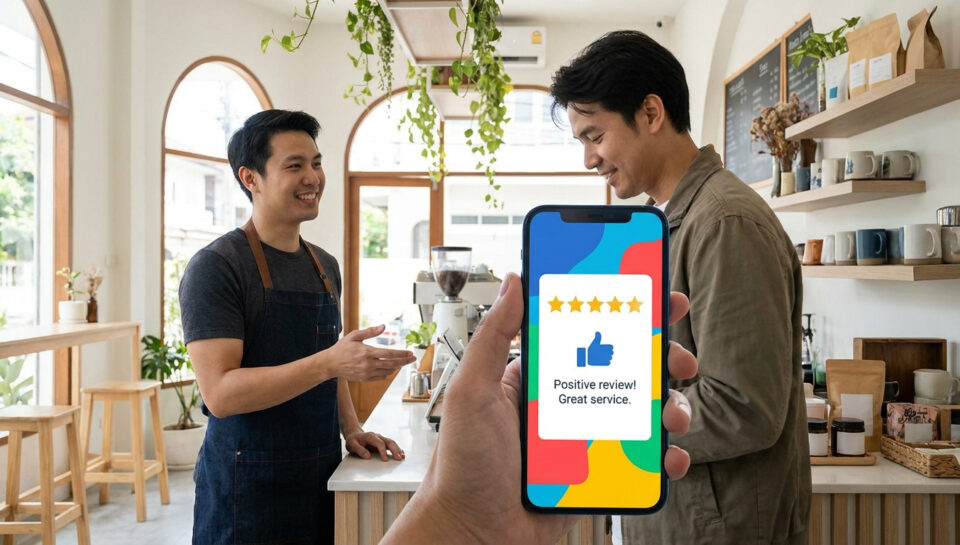 Une main tient un smartphone affichant cinq étoiles et un pouce levé devant un serveur souriant dans un café.