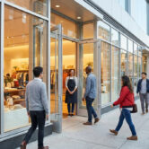 Attirer des clients en magasin physique Une employée accueille des clients devant l'entrée moderne et lumineuse d'une boutique de prêt-à-porter.