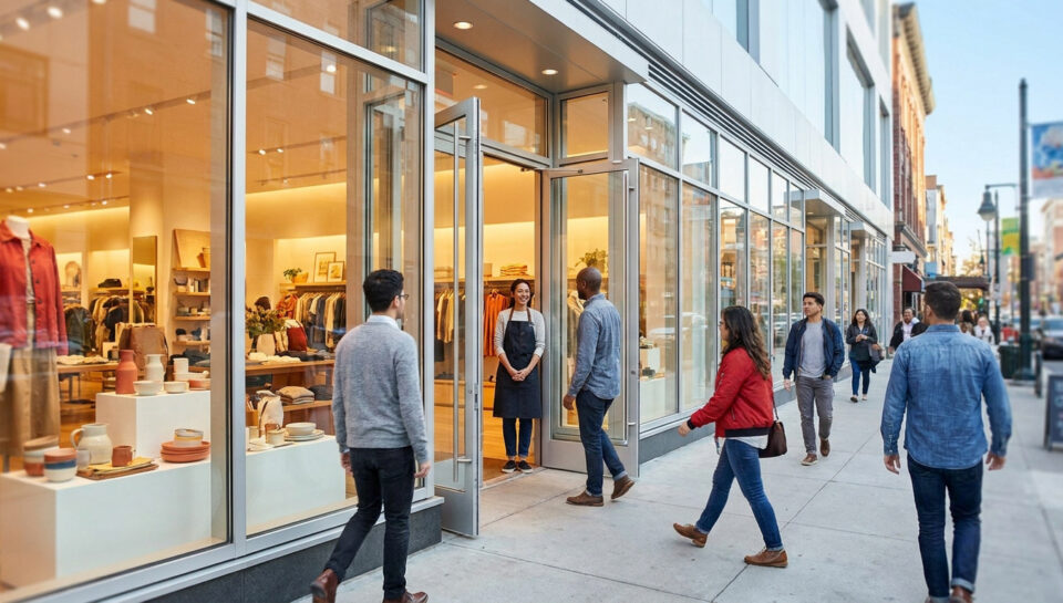 Une employée accueille des clients devant l'entrée moderne et lumineuse d'une boutique de prêt-à-porter.