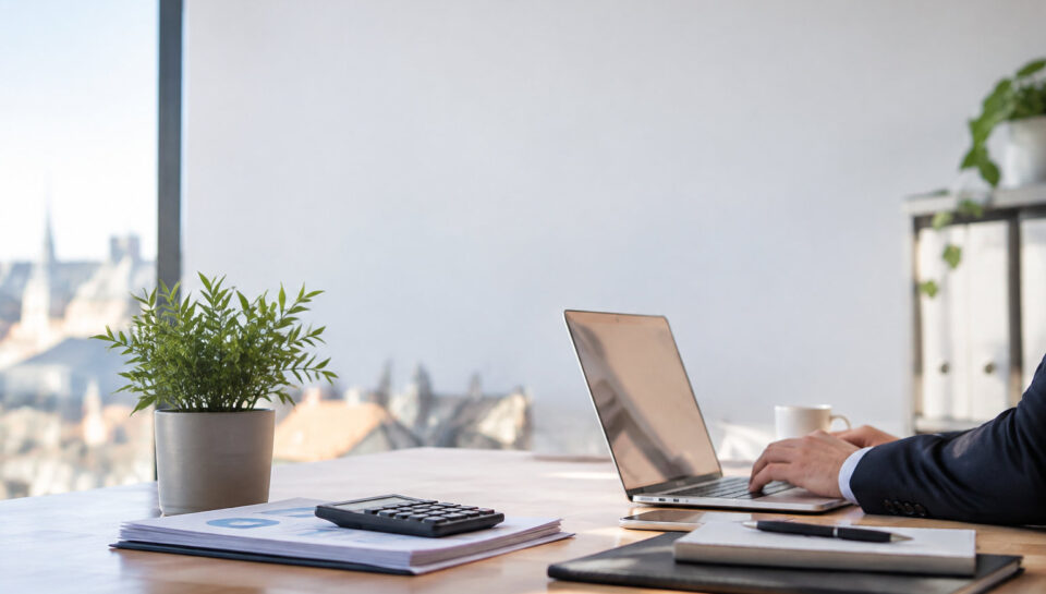 Un expert-comptable travaillant sur son ordinateur dans un bureau lumineux avec vue sur la ville.