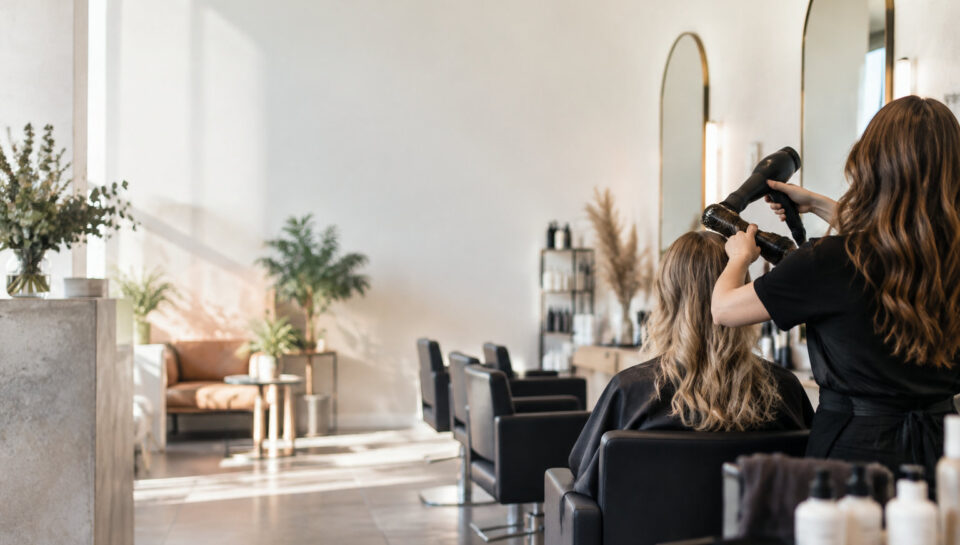 Une coiffeuse utilise un sèche-cheveux et une brosse pour coiffer une cliente dans un salon moderne et lumineux.