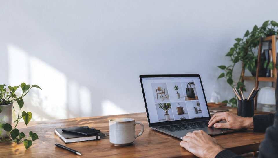 Personne travaillant sur un ordinateur portable affichant une boutique en ligne sur un bureau en bois.