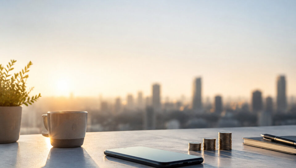 Un smartphone, des piles de pièces et un café posés sur une table devant un horizon urbain au lever du soleil.