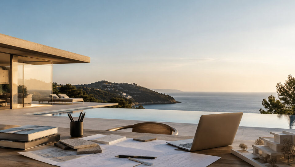 Bureau d'architecte avec plans, maquette et ordinateur face à une villa moderne avec piscine et vue sur la mer.