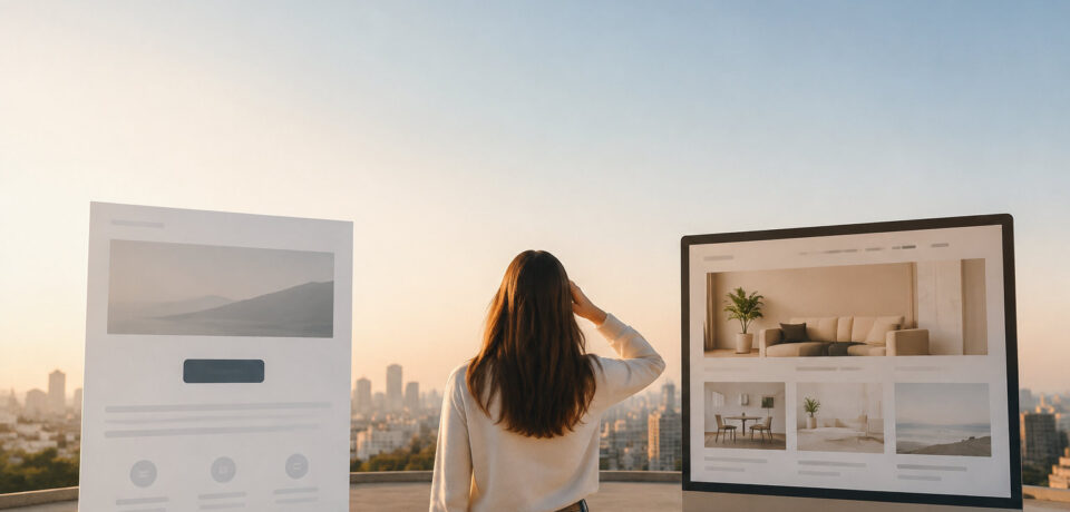 Landing page ou site internet : le dilemme du choix Une femme hésite entre une landing page et un site internet face à un paysage urbain au coucher du soleil.