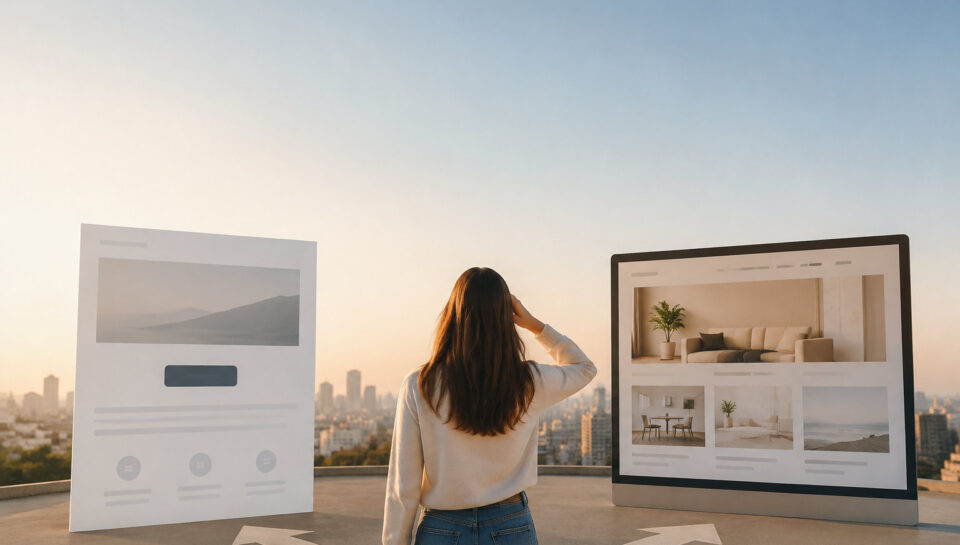 Une femme hésite entre une landing page et un site internet face à un paysage urbain au coucher du soleil.