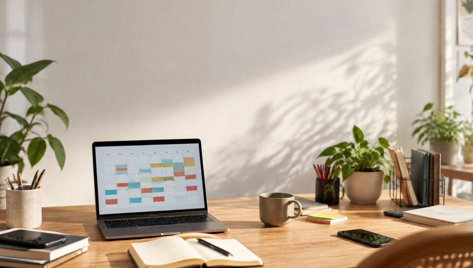 Ordinateur portable affichant un calendrier coloré sur un bureau en bois ensoleillé avec des plantes et des cahiers.