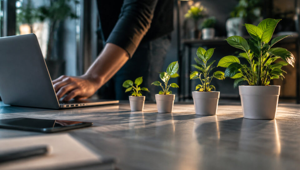 Personne travaillant sur un ordinateur à côté de quatre plantes en pot de tailles croissantes sur un bureau.