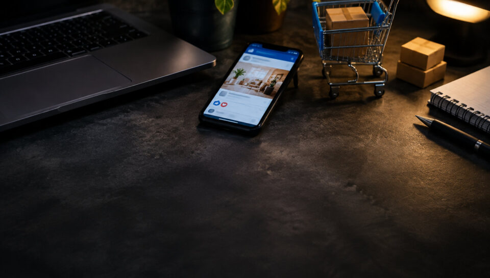 Smartphone avec Facebook, ordinateur et petit chariot d'achat sur un bureau sombre pour illustrer la publicité en ligne.