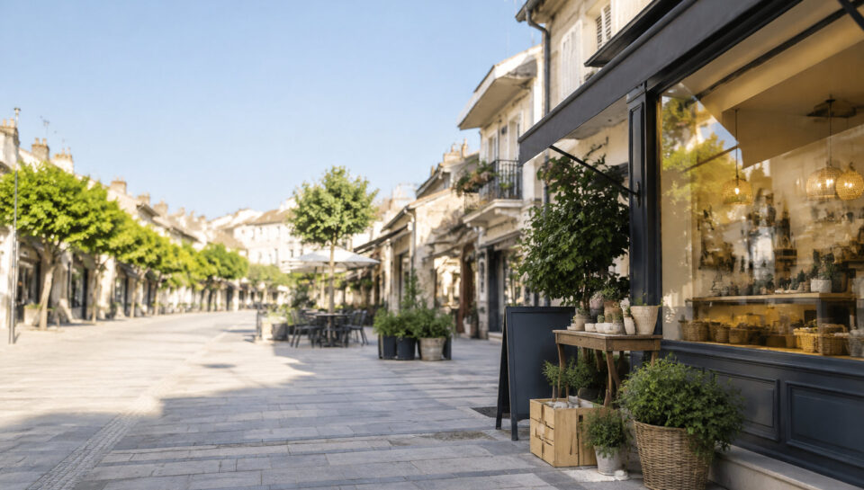 Devanture d'une boutique charmante dans une rue piétonne ensoleillée