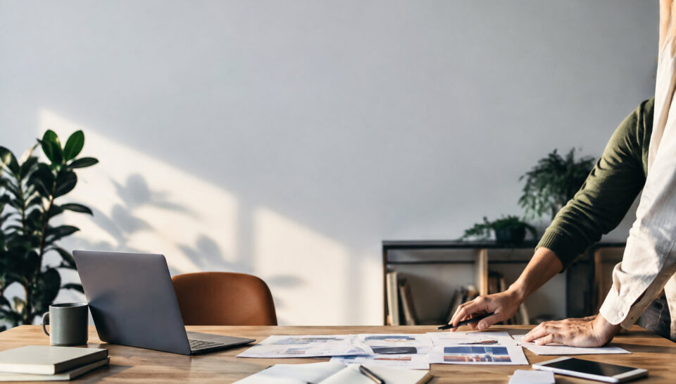 Une personne travaillant sur des documents marketing devant un ordinateur portable dans un bureau lumineux et épuré.