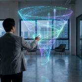 Homme d'affaires interagissant avec un hologramme de tunnel de conversion lumineux dans un bureau moderne.