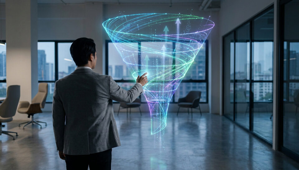 Homme d'affaires interagissant avec un hologramme de tunnel de conversion lumineux dans un bureau moderne.