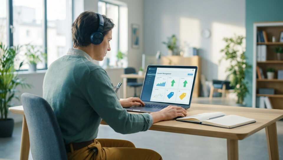 Un jeune homme travaillant sur un ordinateur portable affichant des statistiques de contenu SEO dans un bureau lumineux.
