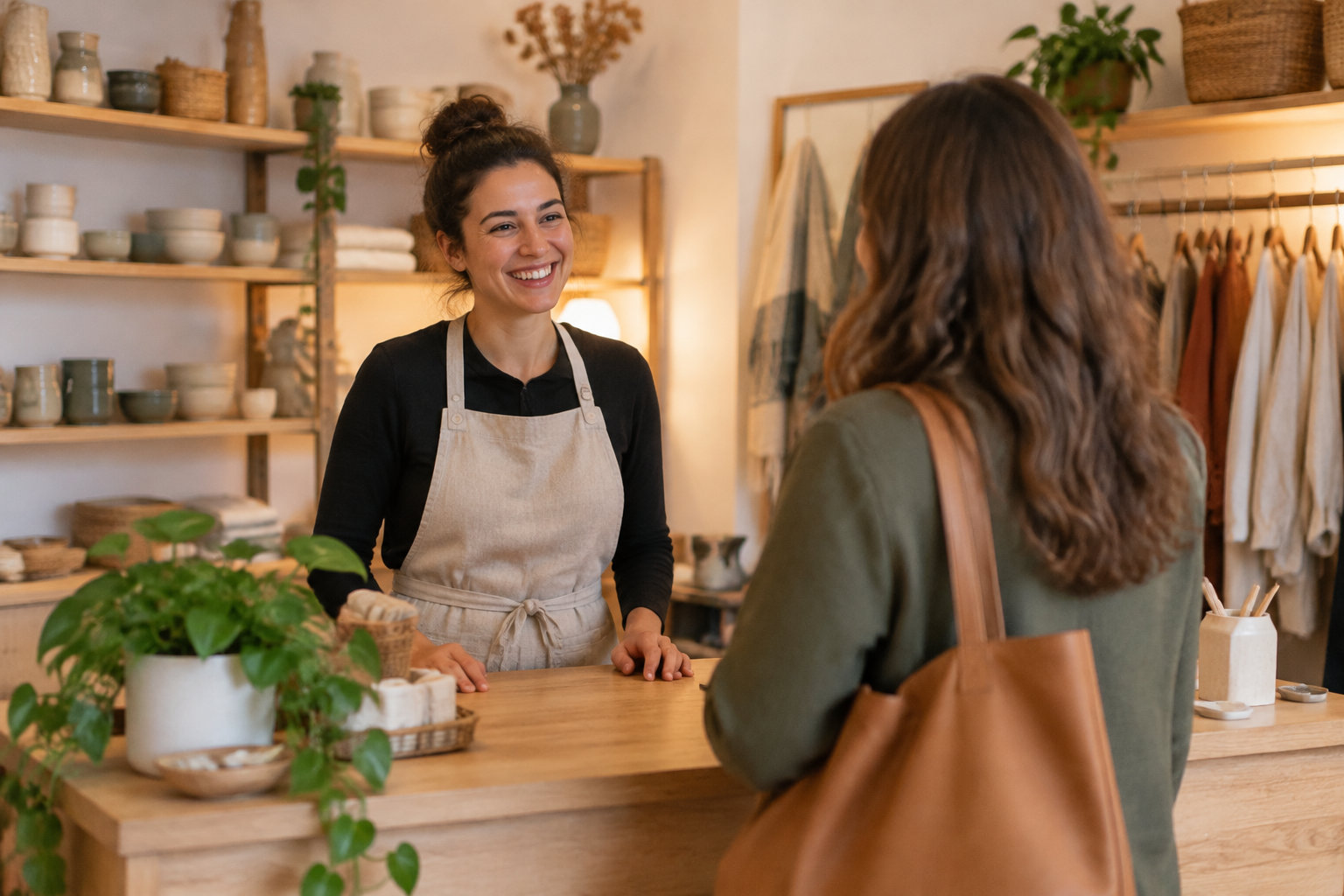Une commerçante souriante échange avec une cliente devant un comptoir en bois, dans une boutique décorée de plantes, de céramiques et de vêtements suspendus.