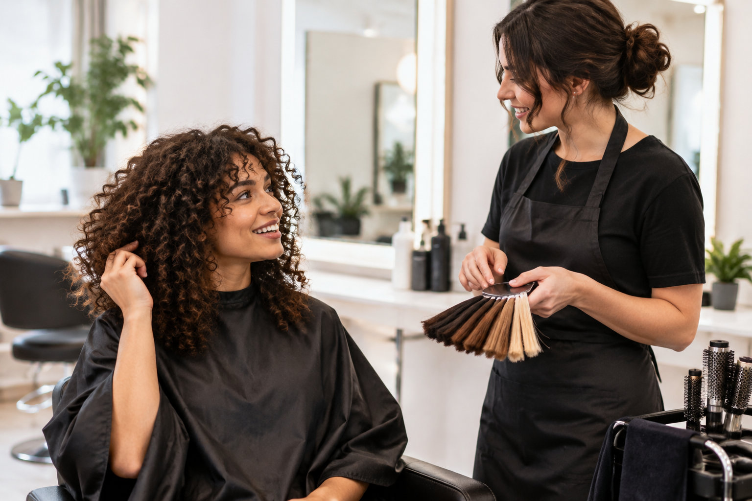 Dans un salon de coiffure, une coiffeuse présente un nuancier de mèches à une cliente souriante aux cheveux bouclés.