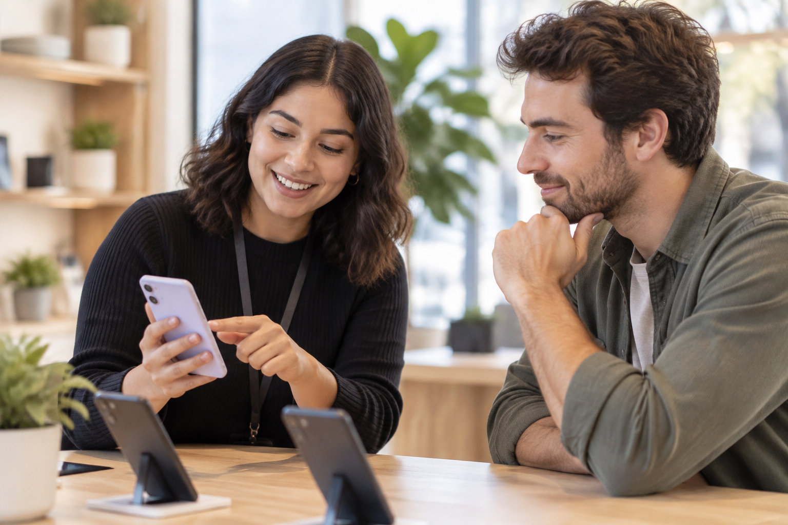 Une femme montre un téléphone à un homme assis à côté d’elle, dans un espace lumineux avec des tablettes posées sur une table.