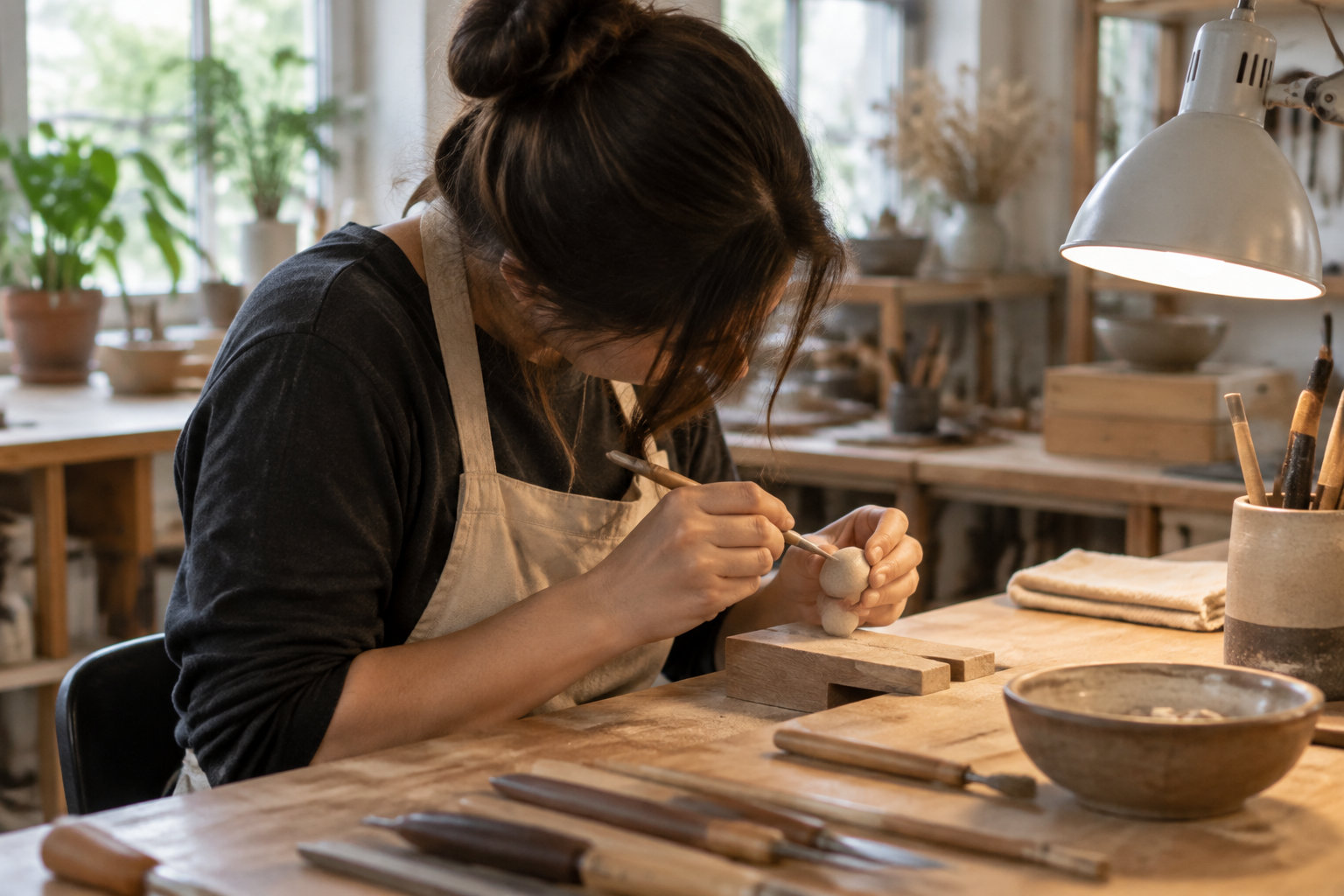 Une personne en tablier façonne une petite pièce en argile avec un outil, à une table d’atelier éclairée par une lampe.