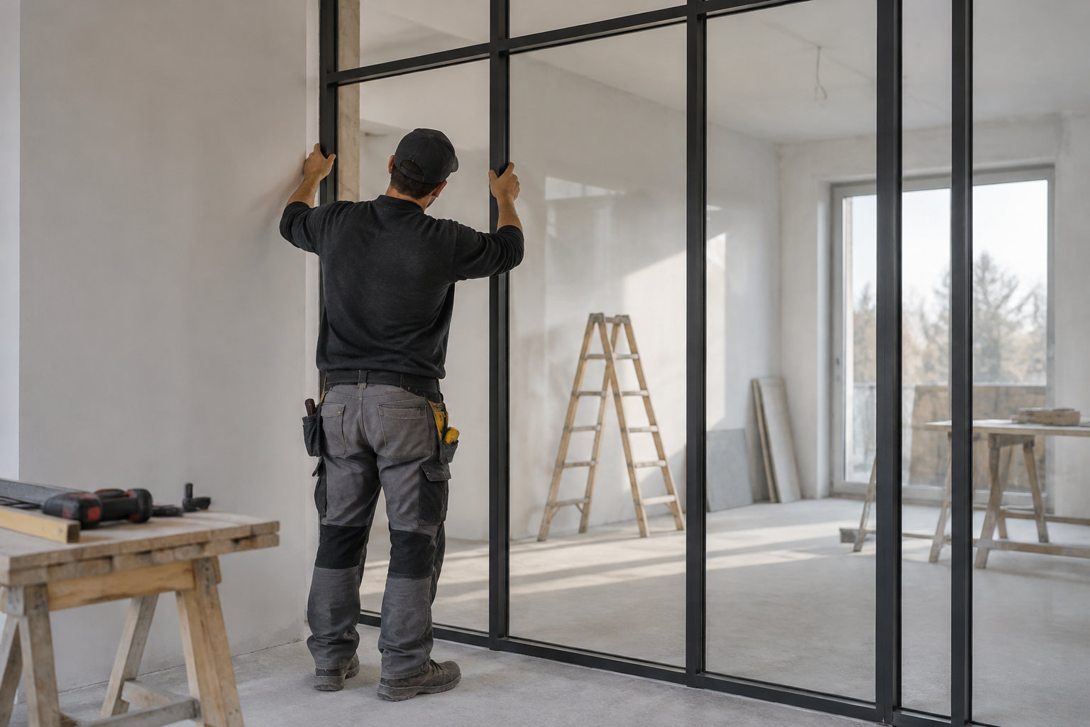 Un ouvrier, vu de dos, ajuste une cloison vitrée à cadre noir dans une pièce en travaux où se trouvent des échelles et un établi avec des outils.