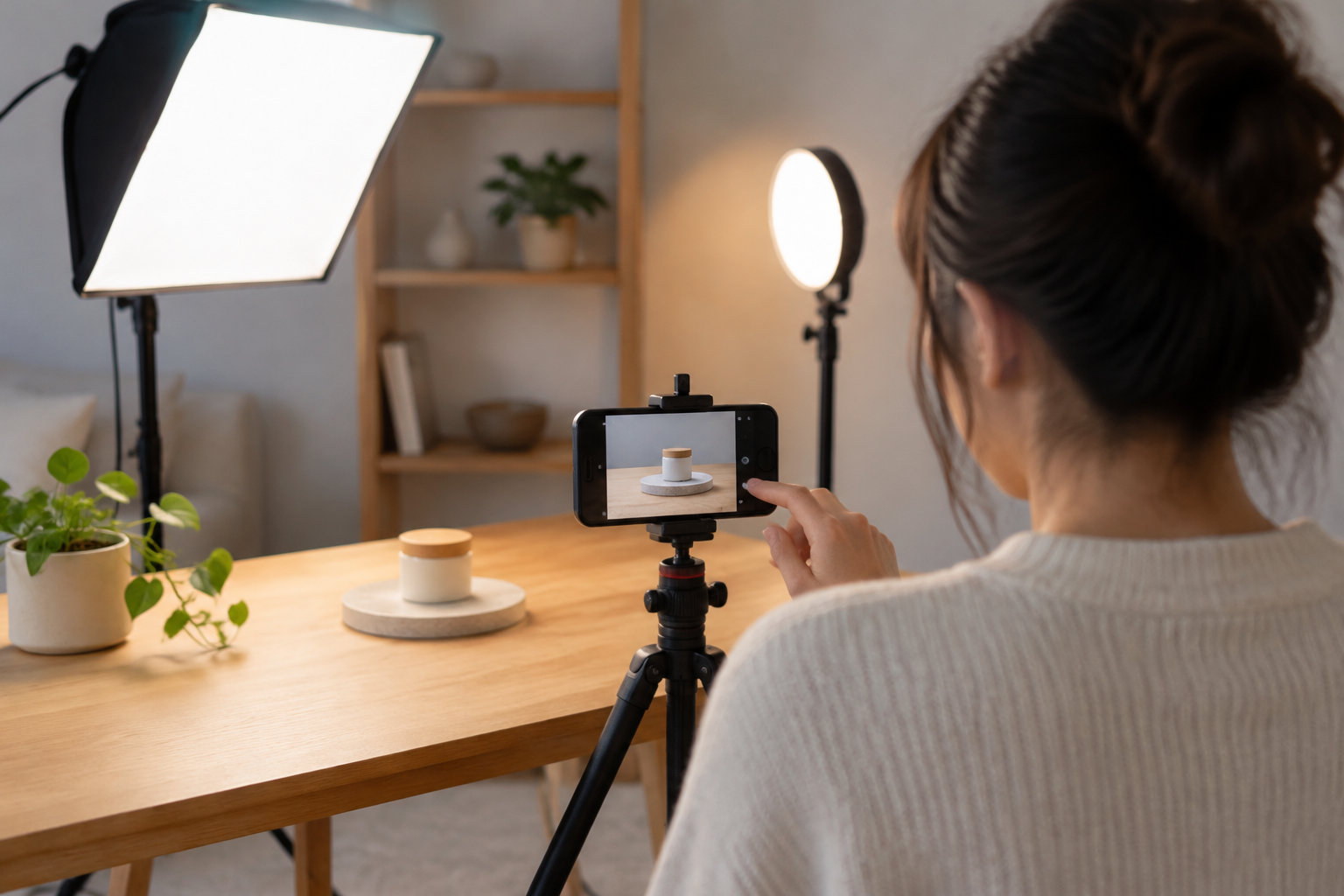 Une femme photographie avec un téléphone monté sur un trépied un petit pot posé sur une table en bois, éclairé par des lampes de studio.