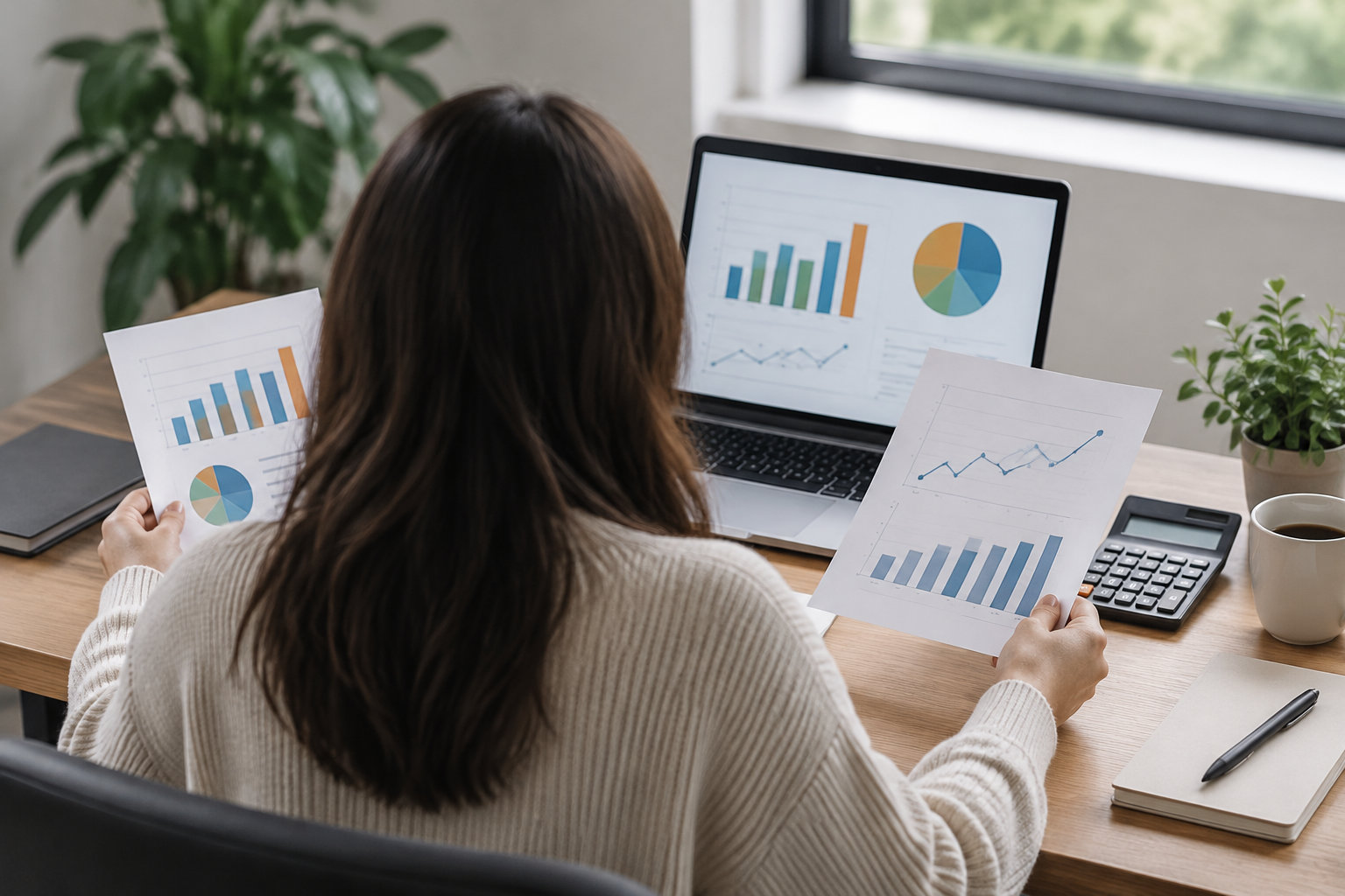 Une personne assise à un bureau compare des feuilles de graphiques avec les graphiques affichés sur un ordinateur portable.
