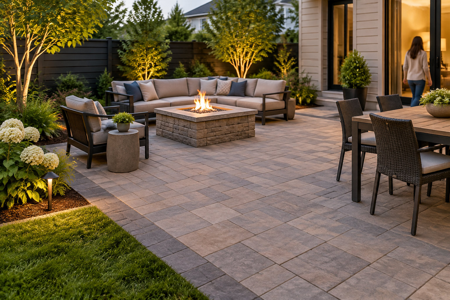 Une terrasse dallée aménagée avec un salon de jardin, une table à manger et un foyer extérieur allumé, près d’une maison et d’un jardin éclairé.