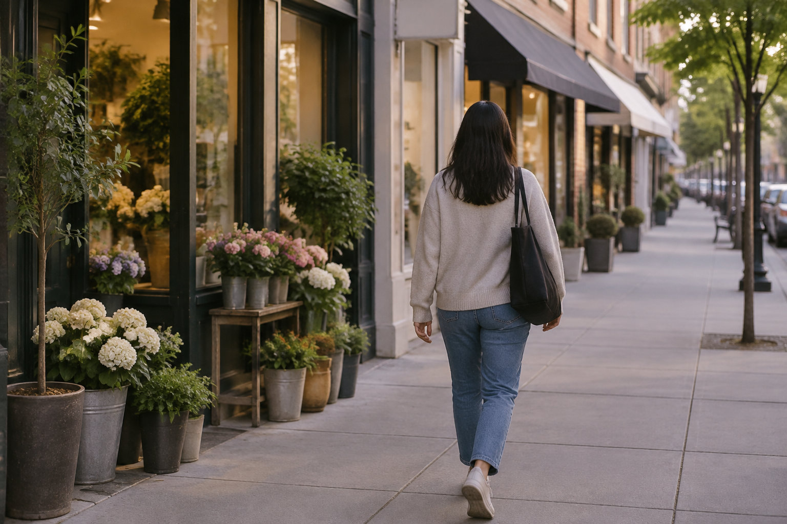 Une femme portant un sac à l’épaule marche sur un trottoir bordé de boutiques et de plantes en pots.