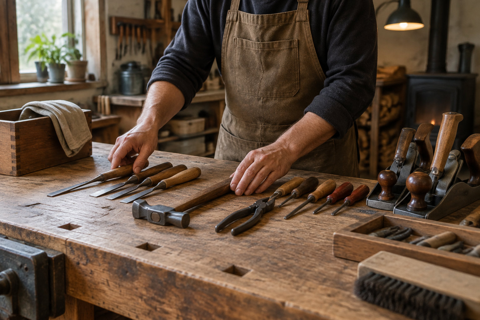 Un artisan en tablier dispose des outils à manche en bois sur un établi dans un atelier.