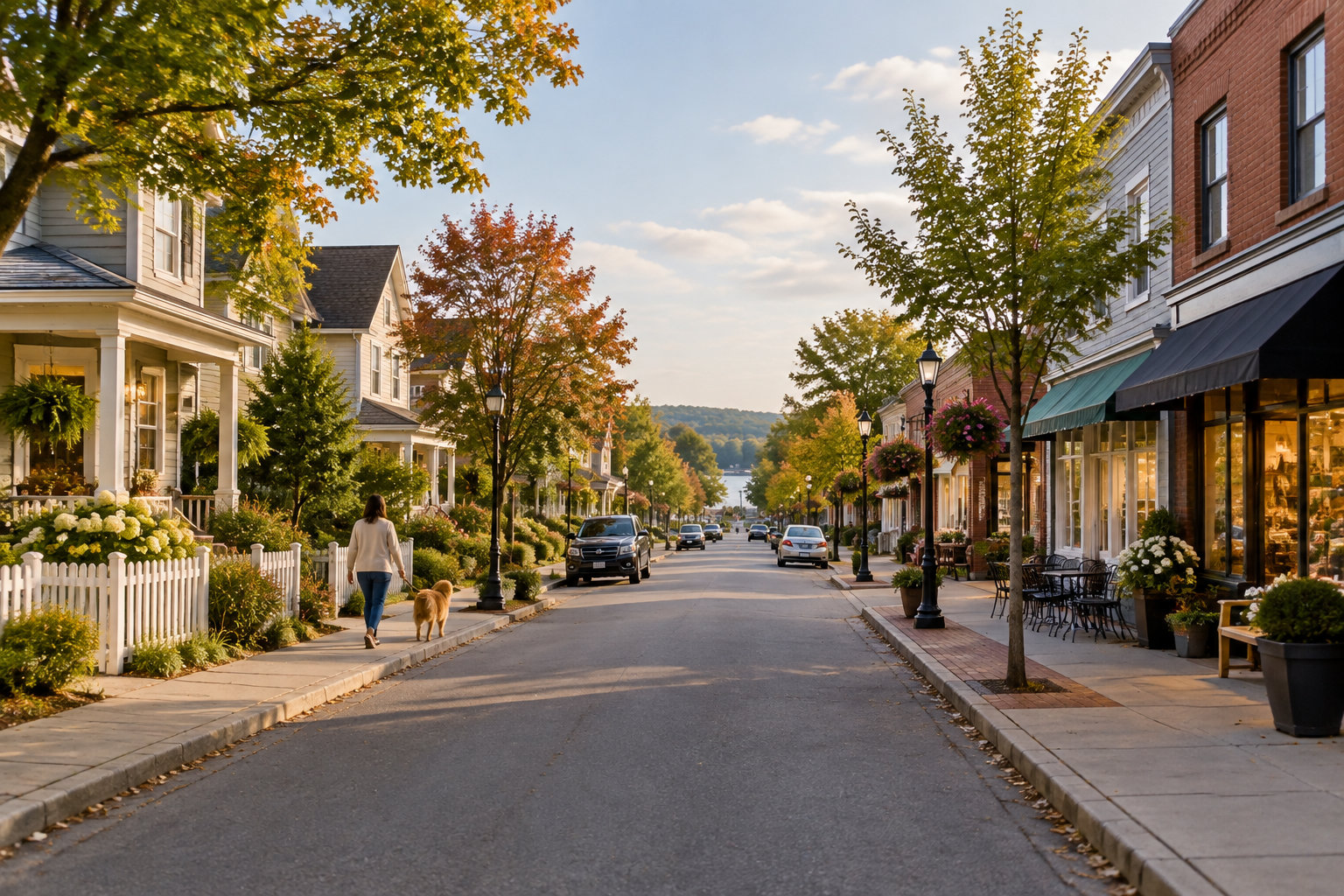 Une personne promène un chien dans une rue bordée de maisons, de commerces et d’arbres aux couleurs automnales.