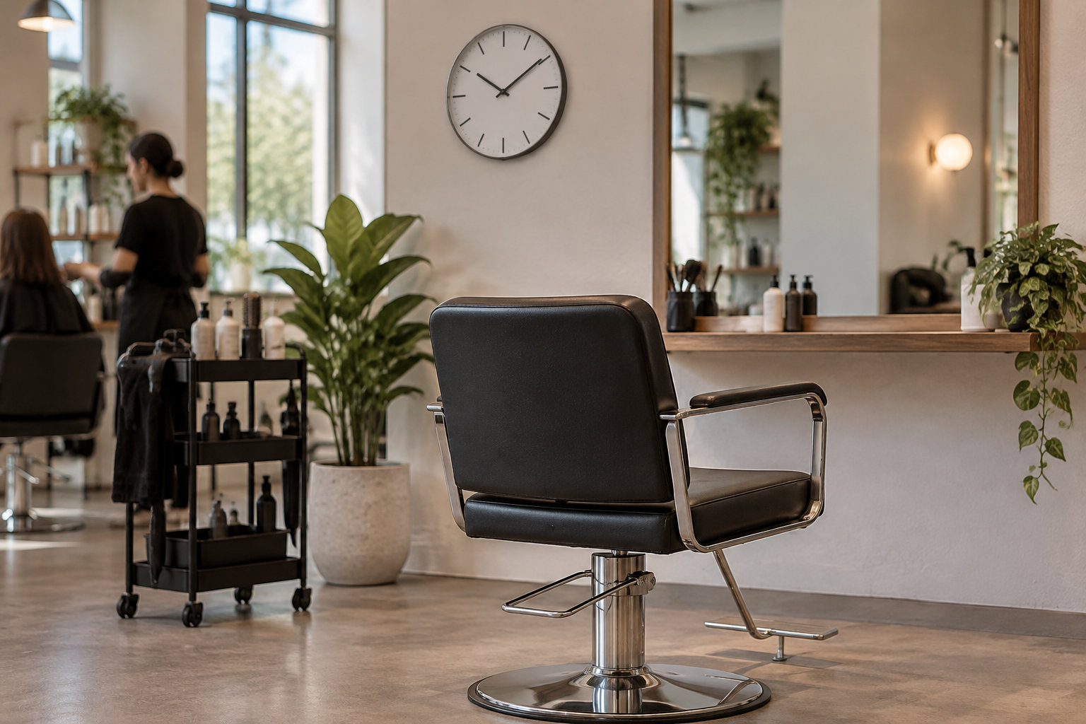 Un fauteuil de coiffure noir est placé devant un miroir dans un salon où une coiffeuse s’occupe d’une cliente.