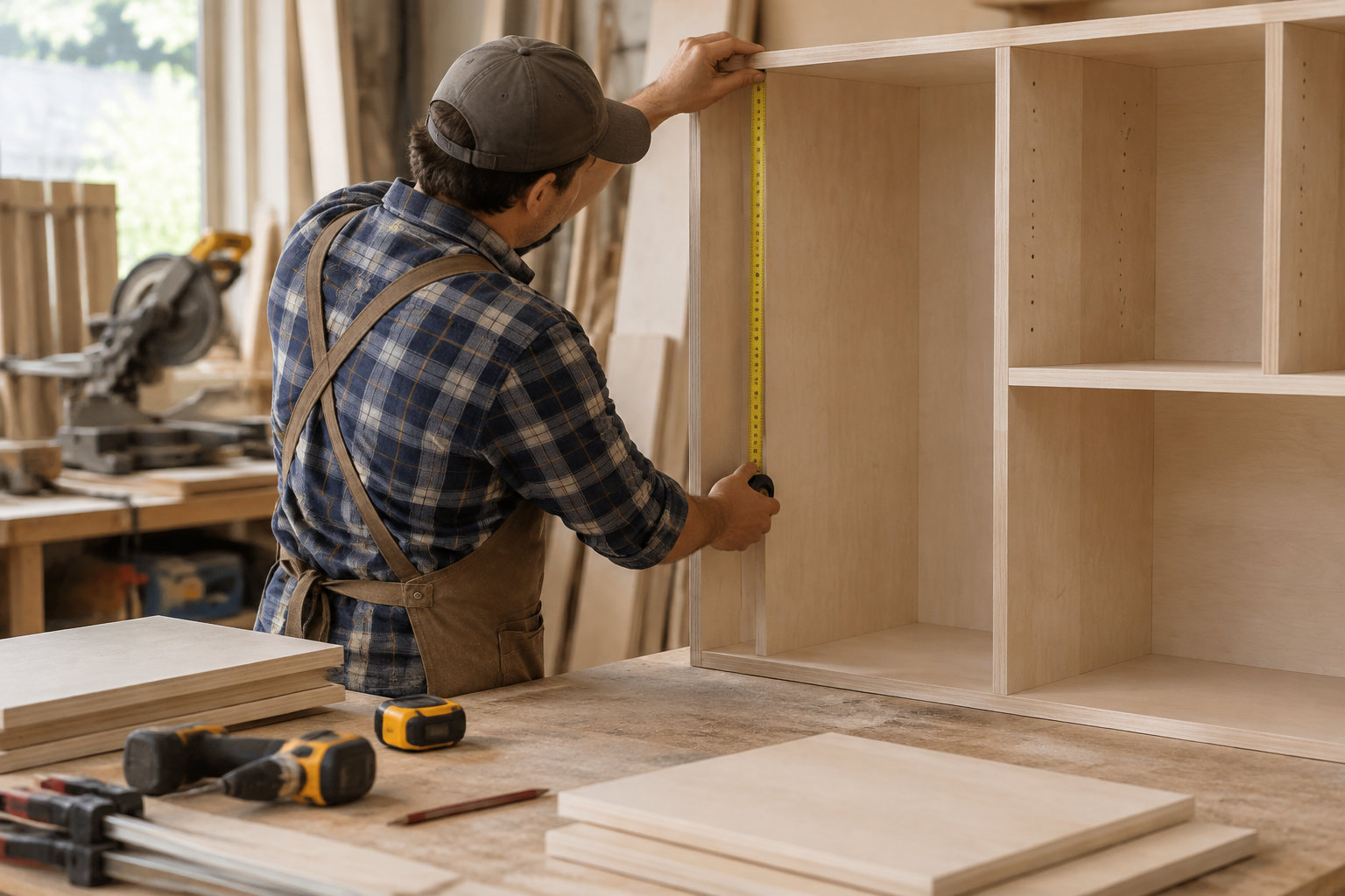 Un menuisier mesure l’intérieur d’un meuble en bois avec un mètre ruban dans un atelier, où des outils et des planches sont posés sur un établi.